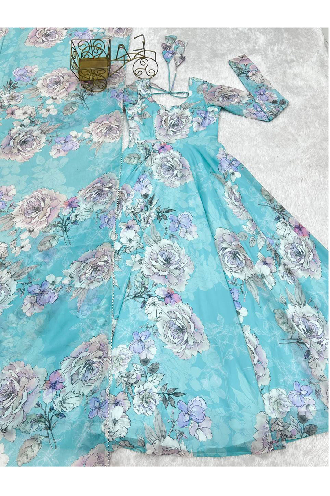 Sky Blue Color Glorious Readymade Anarkali Style Georgette Gown With Dupatta | Buy Online India