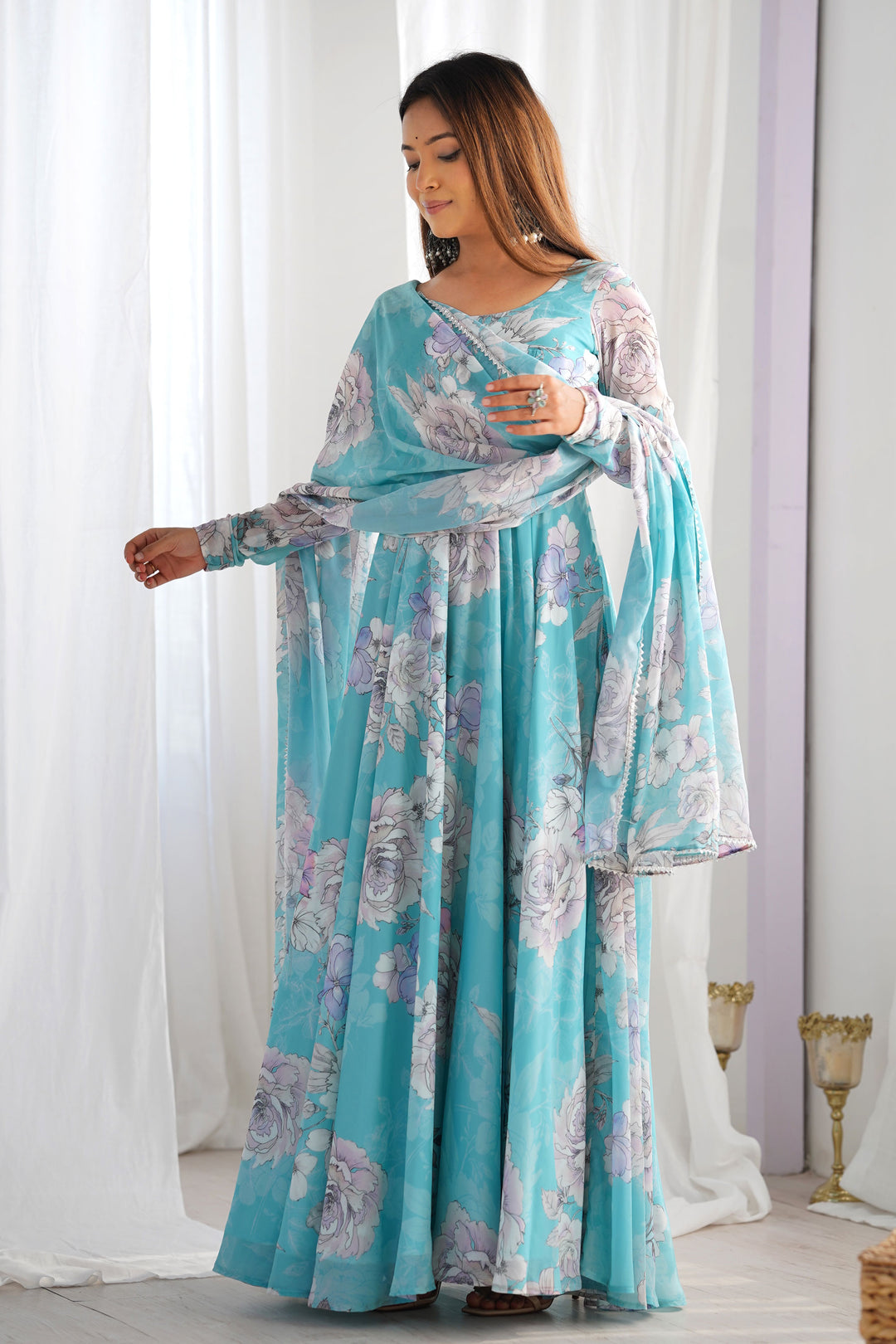 Sky Blue Color Glorious Readymade Anarkali Style Georgette Gown With Dupatta | Buy Online India