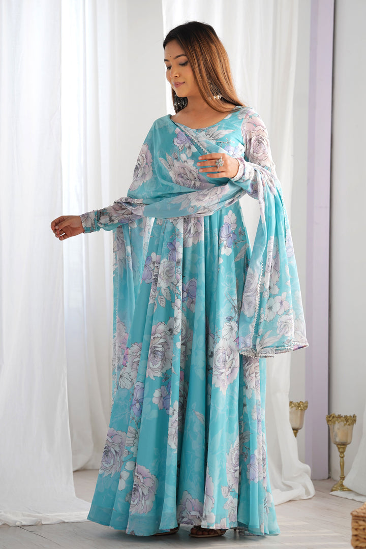 Sky Blue Color Glorious Readymade Anarkali Style Georgette Gown With Dupatta | Buy Online India