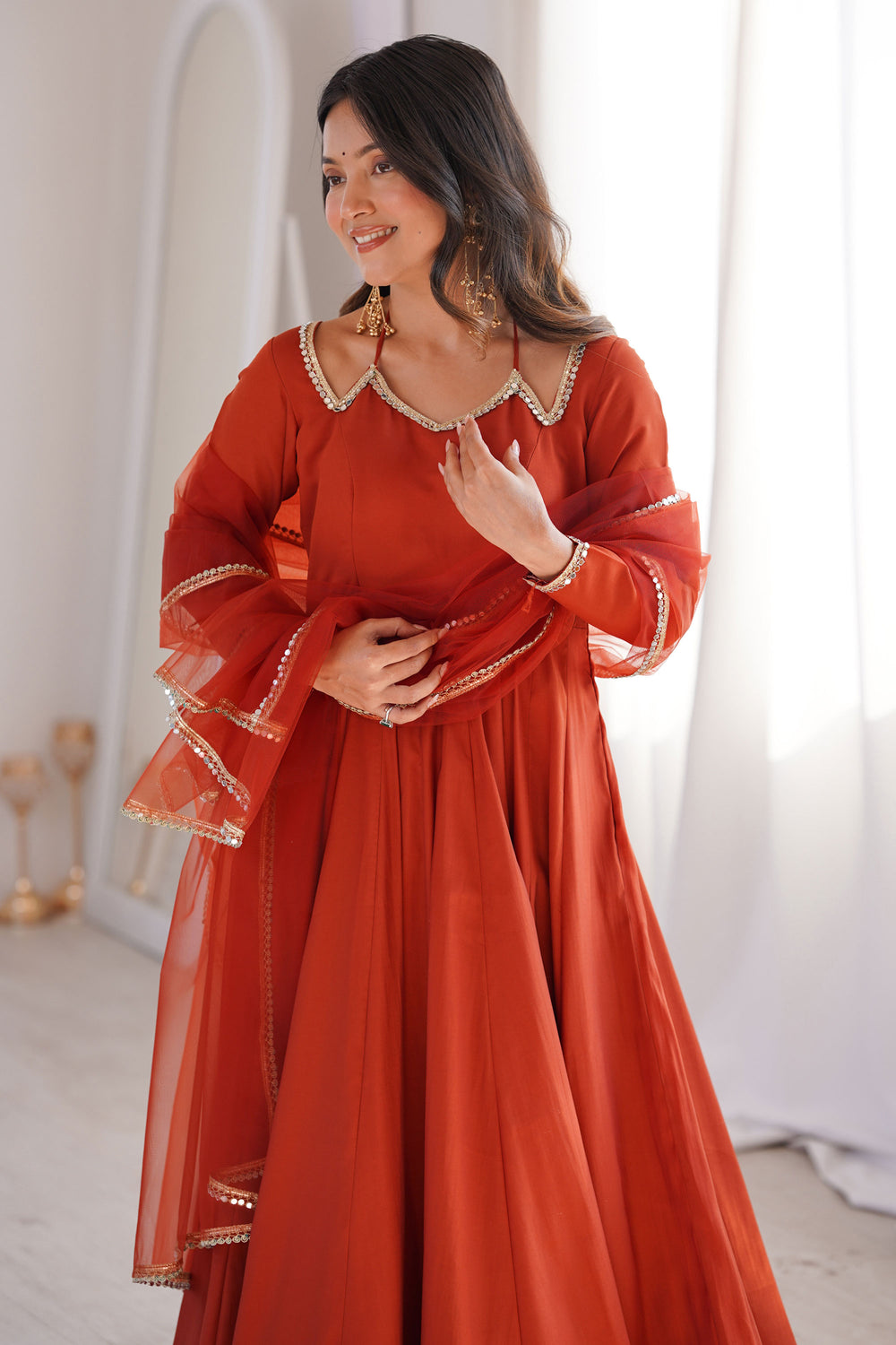 Rust Color Art Silk Fabric Beautiful Readymade Anarkali Suit | Buy Online India