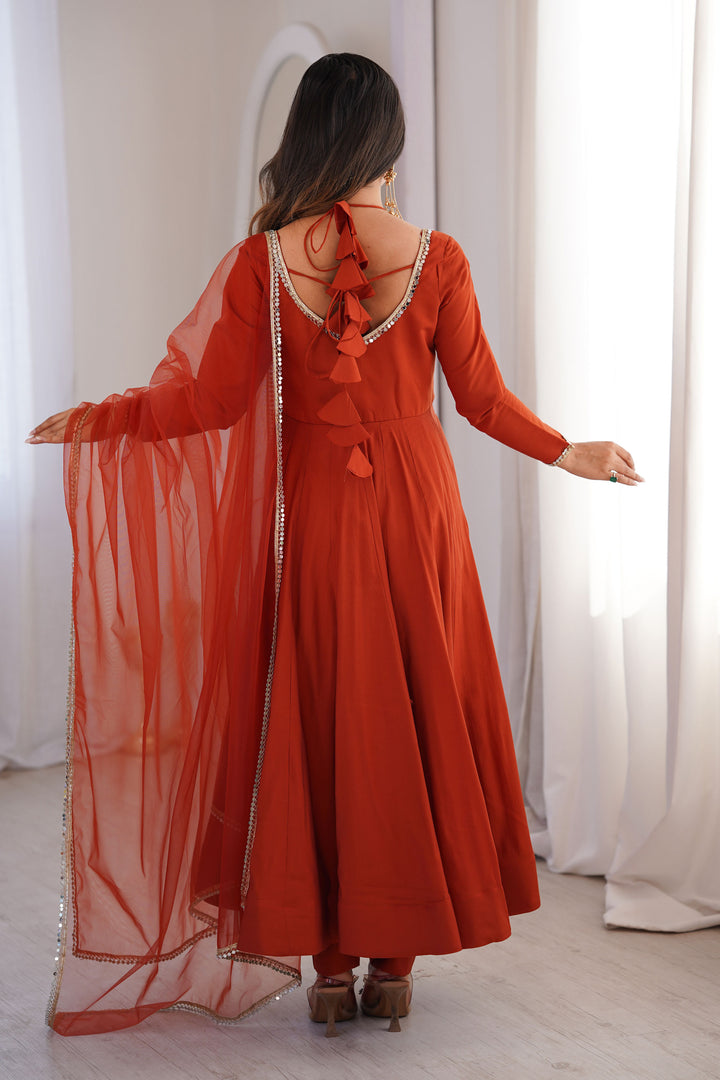 Rust Color Art Silk Fabric Beautiful Readymade Anarkali Suit | Buy Online India