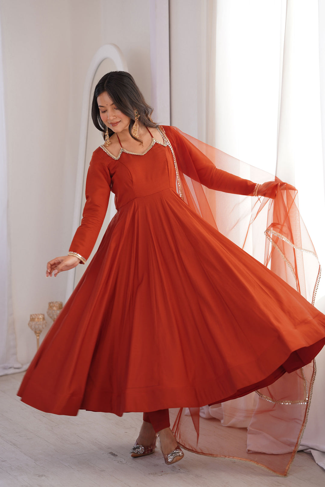 Rust Color Art Silk Fabric Beautiful Readymade Anarkali Suit | Buy Online India