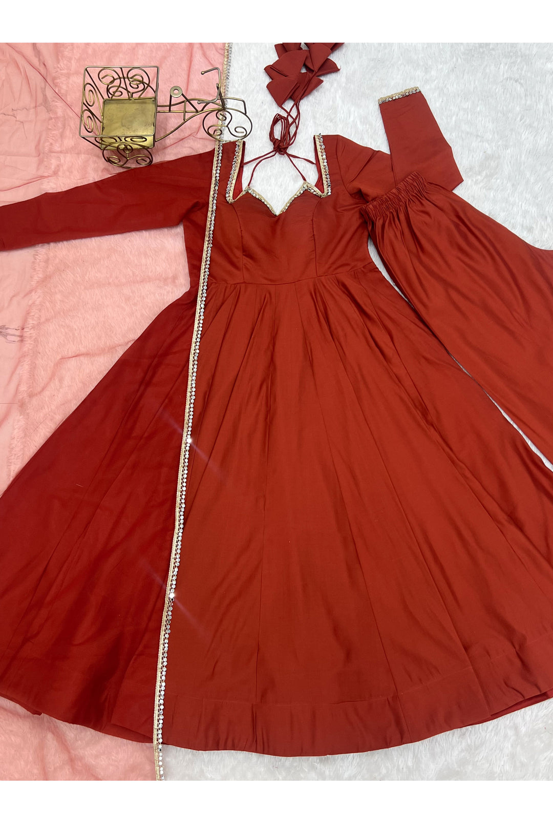 Rust Color Art Silk Fabric Beautiful Readymade Anarkali Suit | Buy Online India