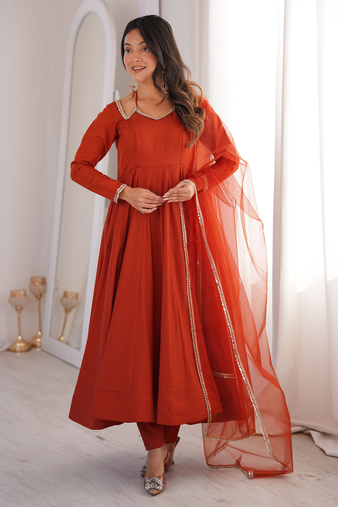 Rust Color Art Silk Fabric Beautiful Readymade Anarkali Suit | Buy Online India