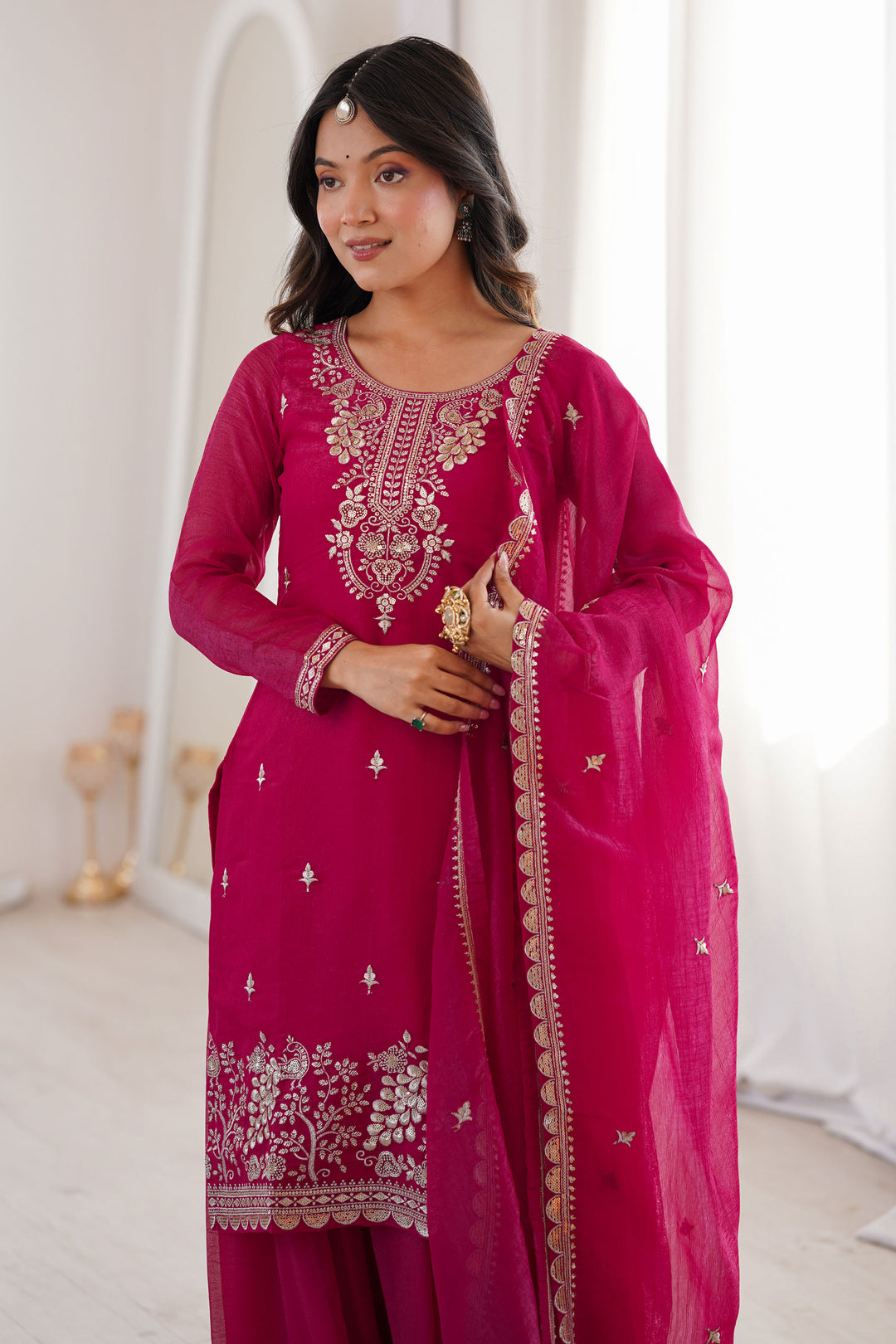 Art Silk Fabric Rani Color Attractive Readymade Palazzo Suit | Buy Online India