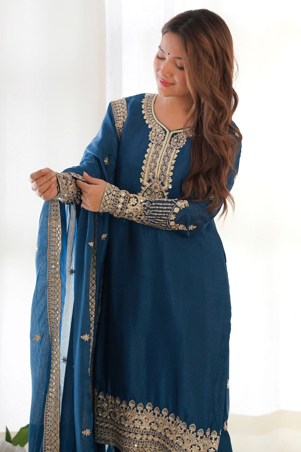 Chinon Silk Fabric Blue Color Glamorous Readymade Palazzo Suit | Buy Online India