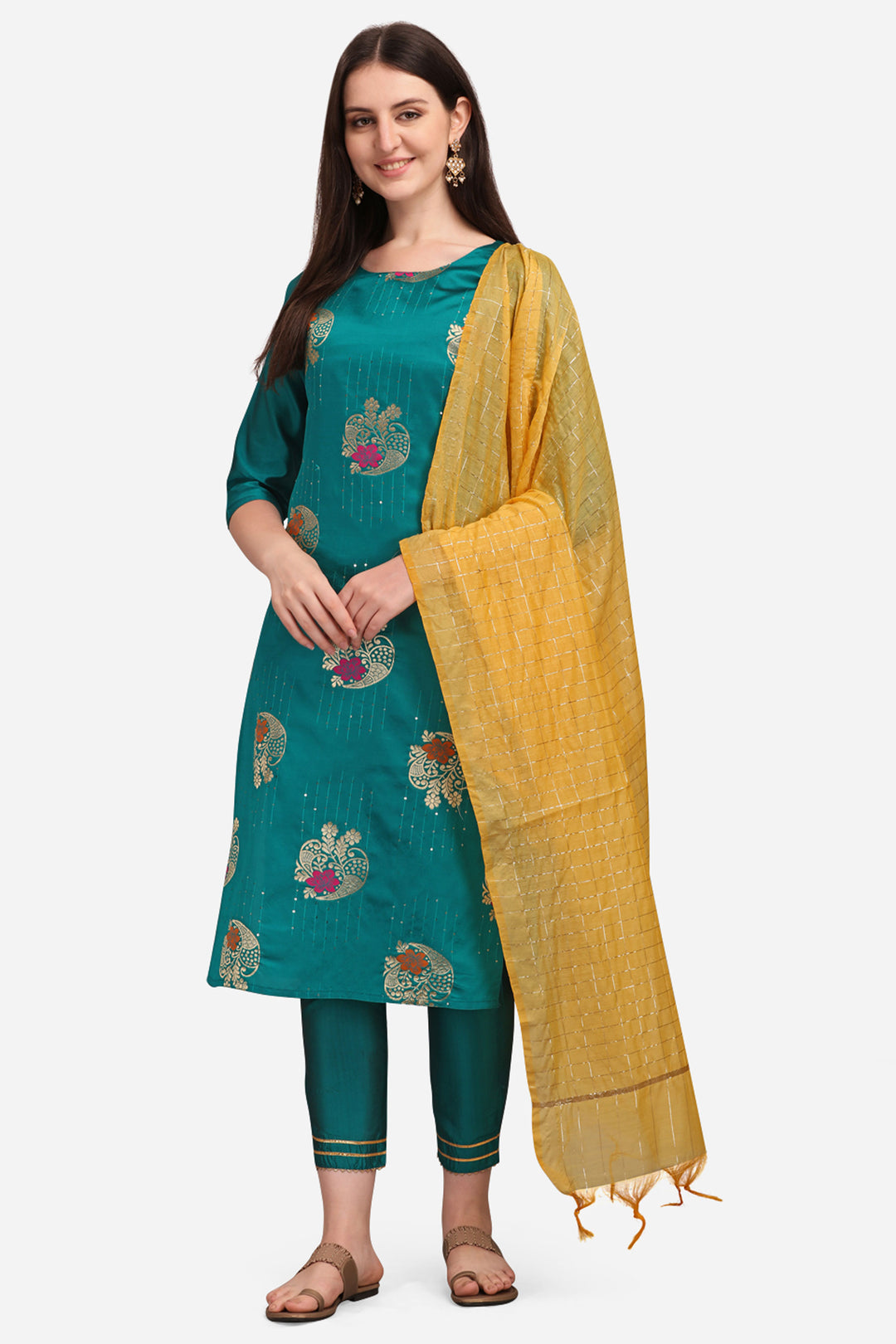 Creative Teal Color Cotton Silk Fabric Readymade Salwar Suit | Buy Online India