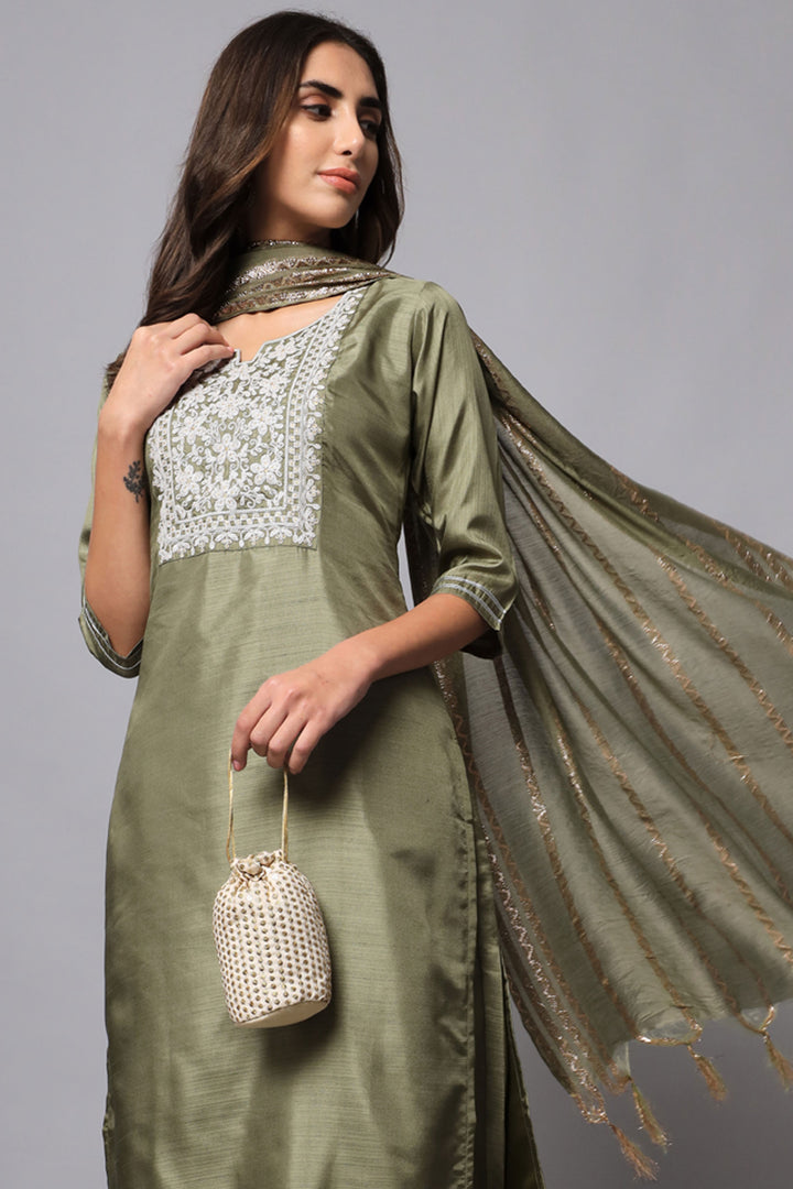 Trendy Fancy Fabric Olive Color Readymade Salwar Suit | Buy Online India