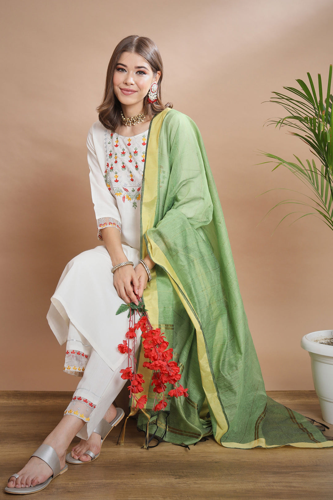 White Color Sober Readymade Salwar Suit In Cotton Fabric | Buy Online India
