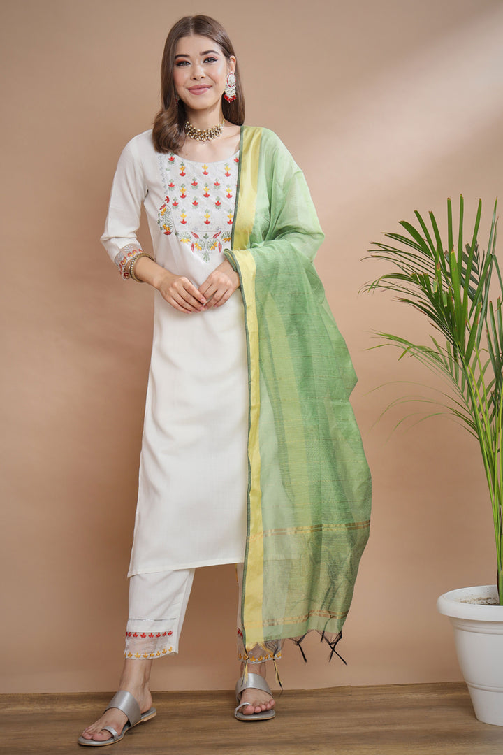 White Color Sober Readymade Salwar Suit In Cotton Fabric | Buy Online India