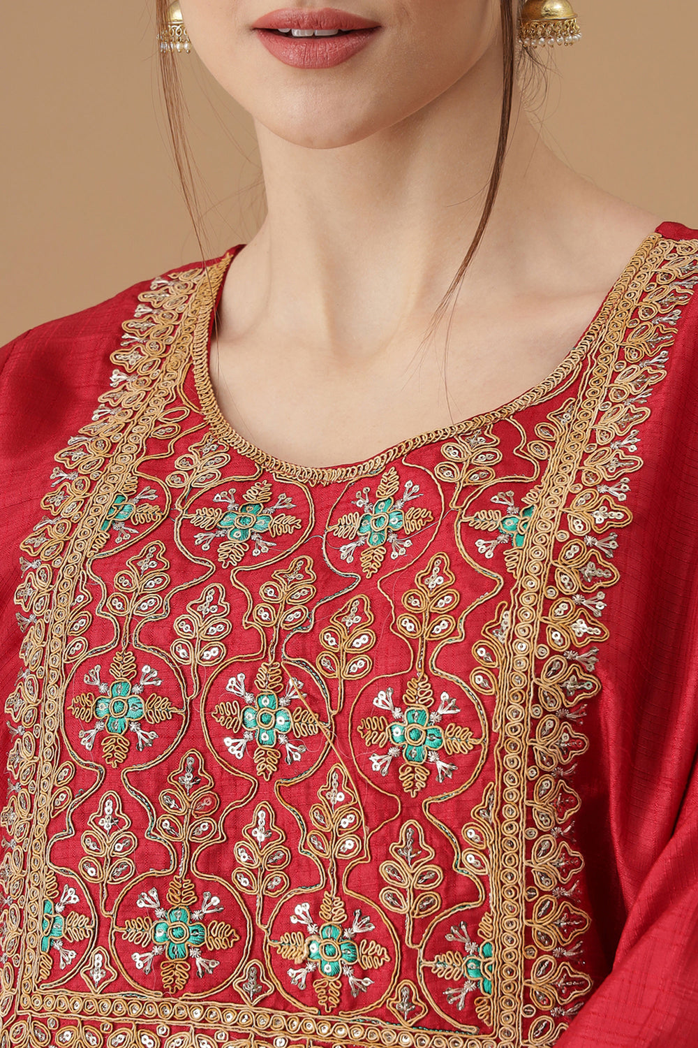 Engaging Red Color Art Silk Fabric Readymade Salwar Suit | Buy Online India