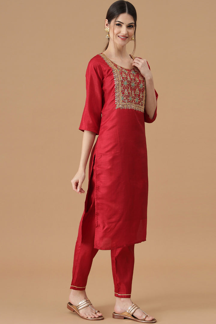 Engaging Red Color Art Silk Fabric Readymade Salwar Suit | Buy Online India