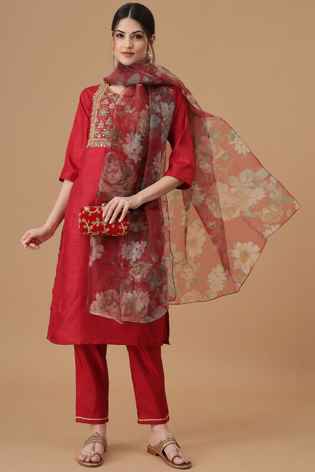 Engaging Red Color Art Silk Fabric Readymade Salwar Suit | Buy Online India