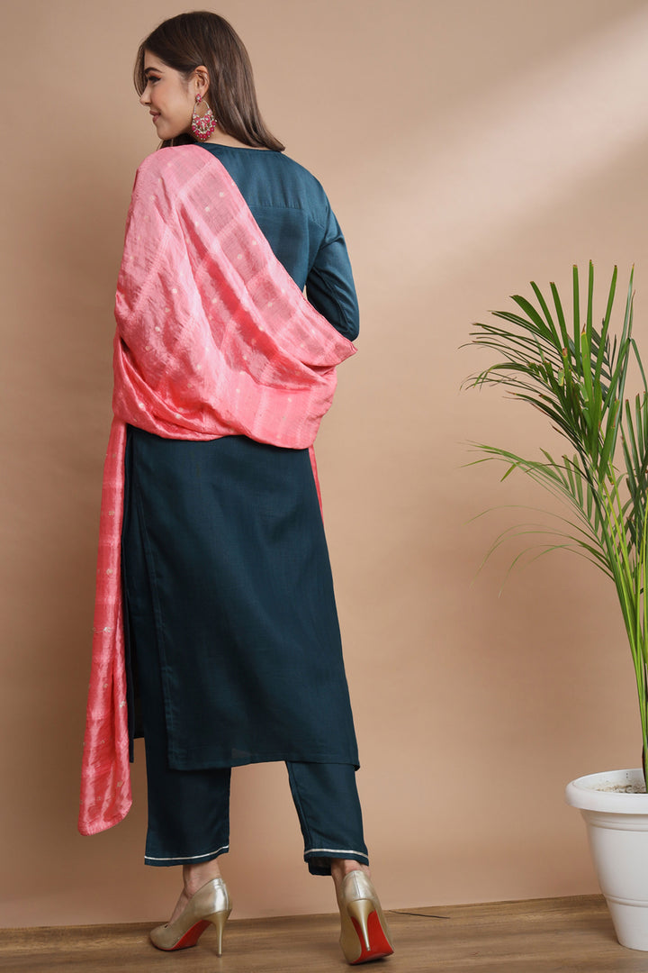 Excellent Cotton Fabric Teal Color Readymade Salwar Suit | Buy Online India