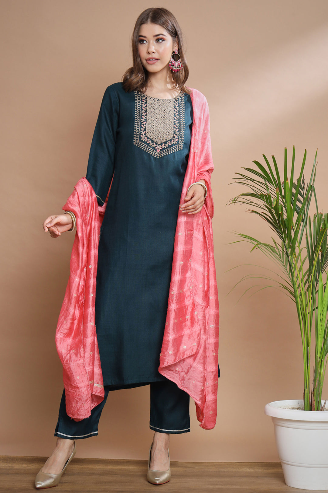 Excellent Cotton Fabric Teal Color Readymade Salwar Suit | Buy Online India