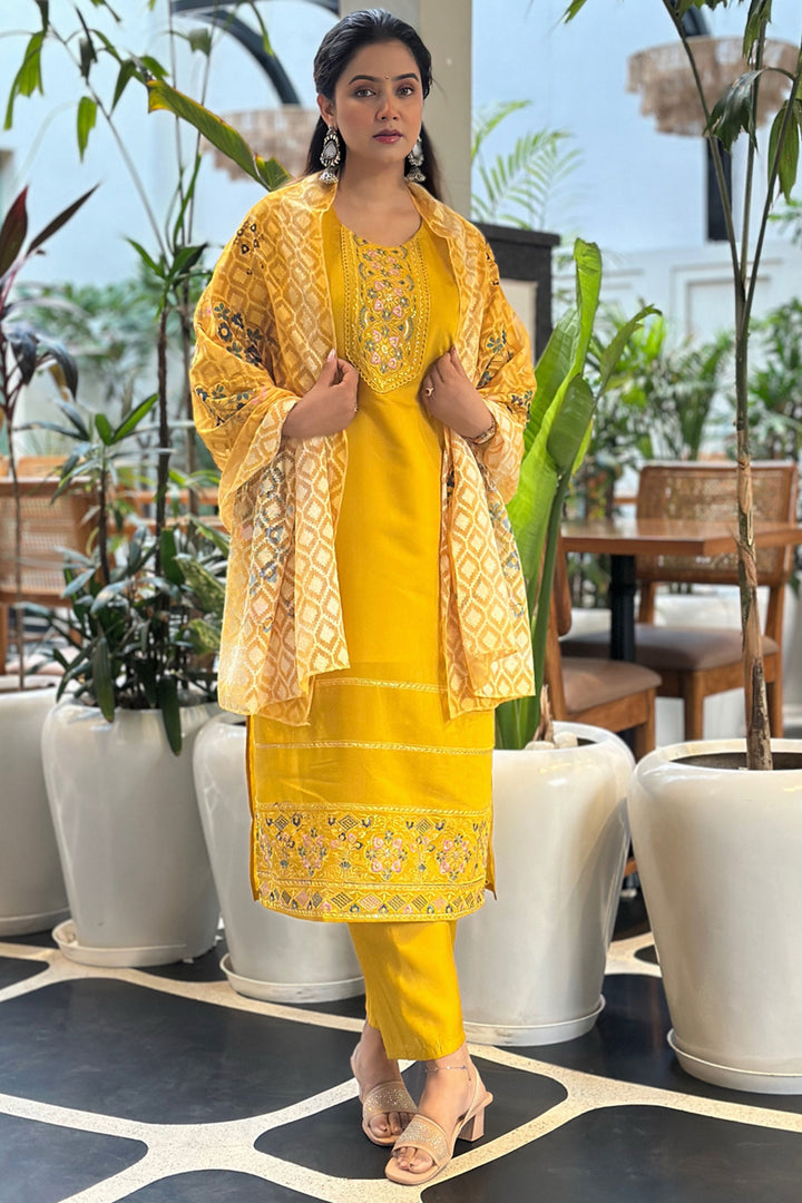 Art Silk Fabric Yellow Color Delicate Readymade Salwar Suit | Buy Online India
