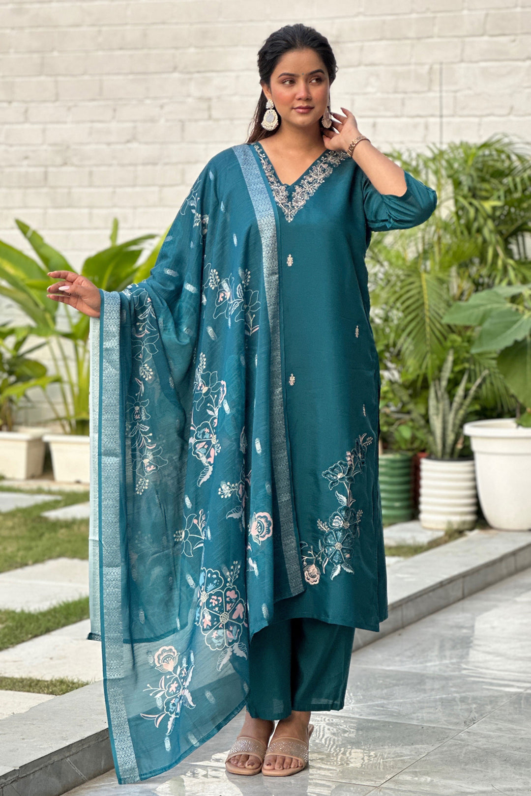 Teal Color Art Silk Fabric Attractive Readymade Salwar Suit | Buy Online India