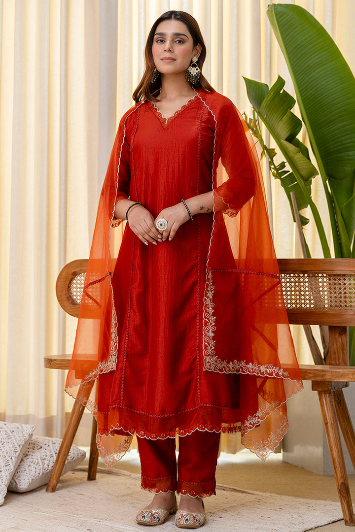 Rust Color Art Silk Fabric Chic Readymade Salwar Suit | Buy Online India
