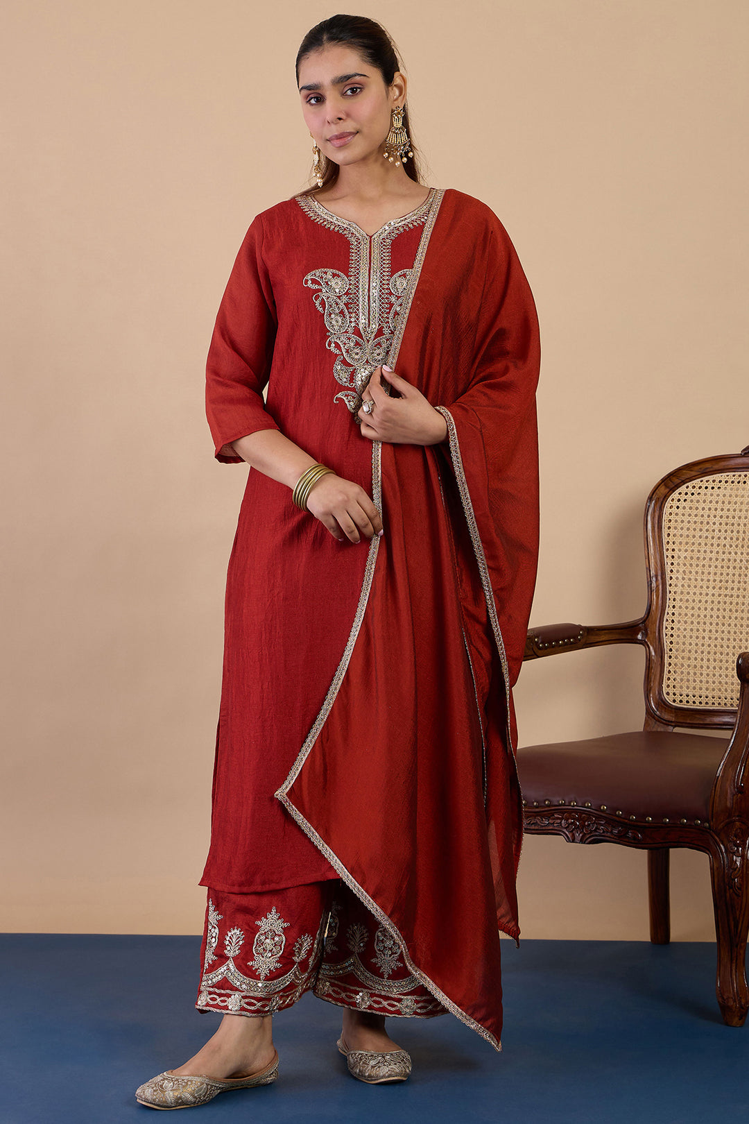 Graceful Art Silk Fabric Rust Color Readymade Salwar Suit | Buy Online India