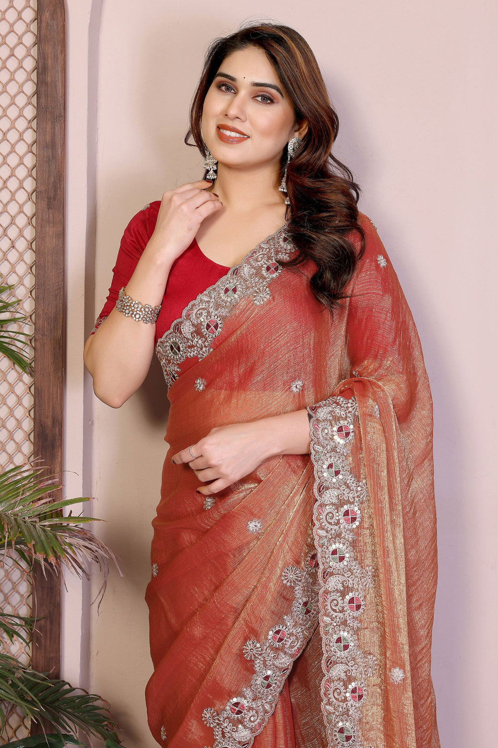 Orange Color Chiffon Silk Fabric Coveted Saree With Embroidered Work | Buy Online India