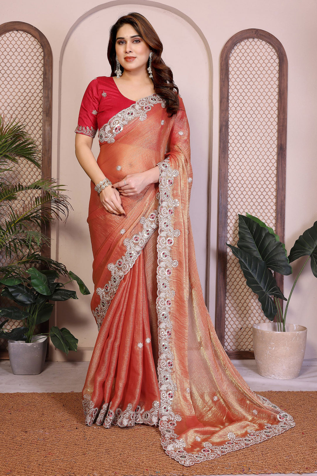 Orange Color Chiffon Silk Fabric Coveted Saree With Embroidered Work | Buy Online India