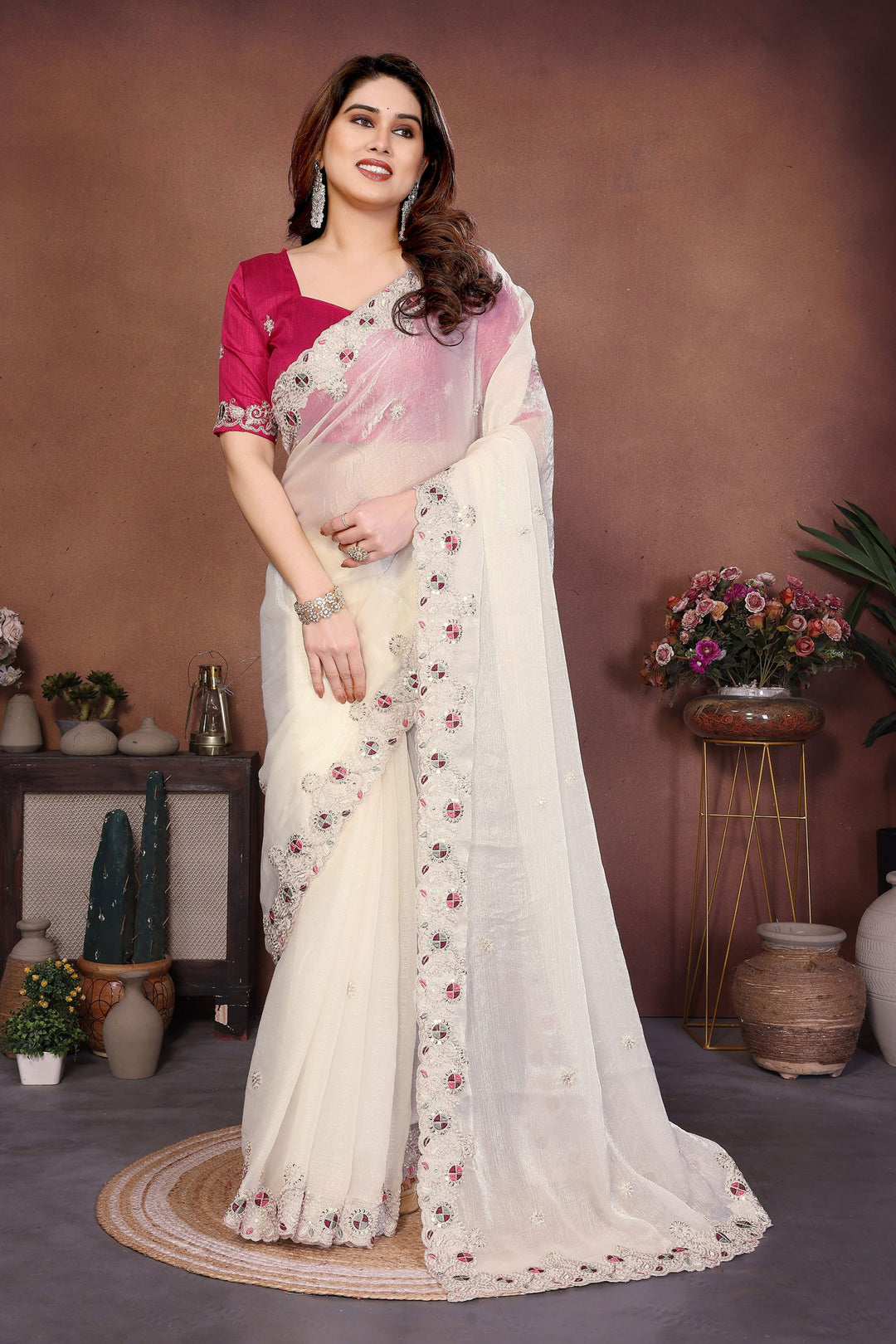 Beguiling Embroidered Work On White Color Chiffon Silk Fabric Saree | Buy Online India