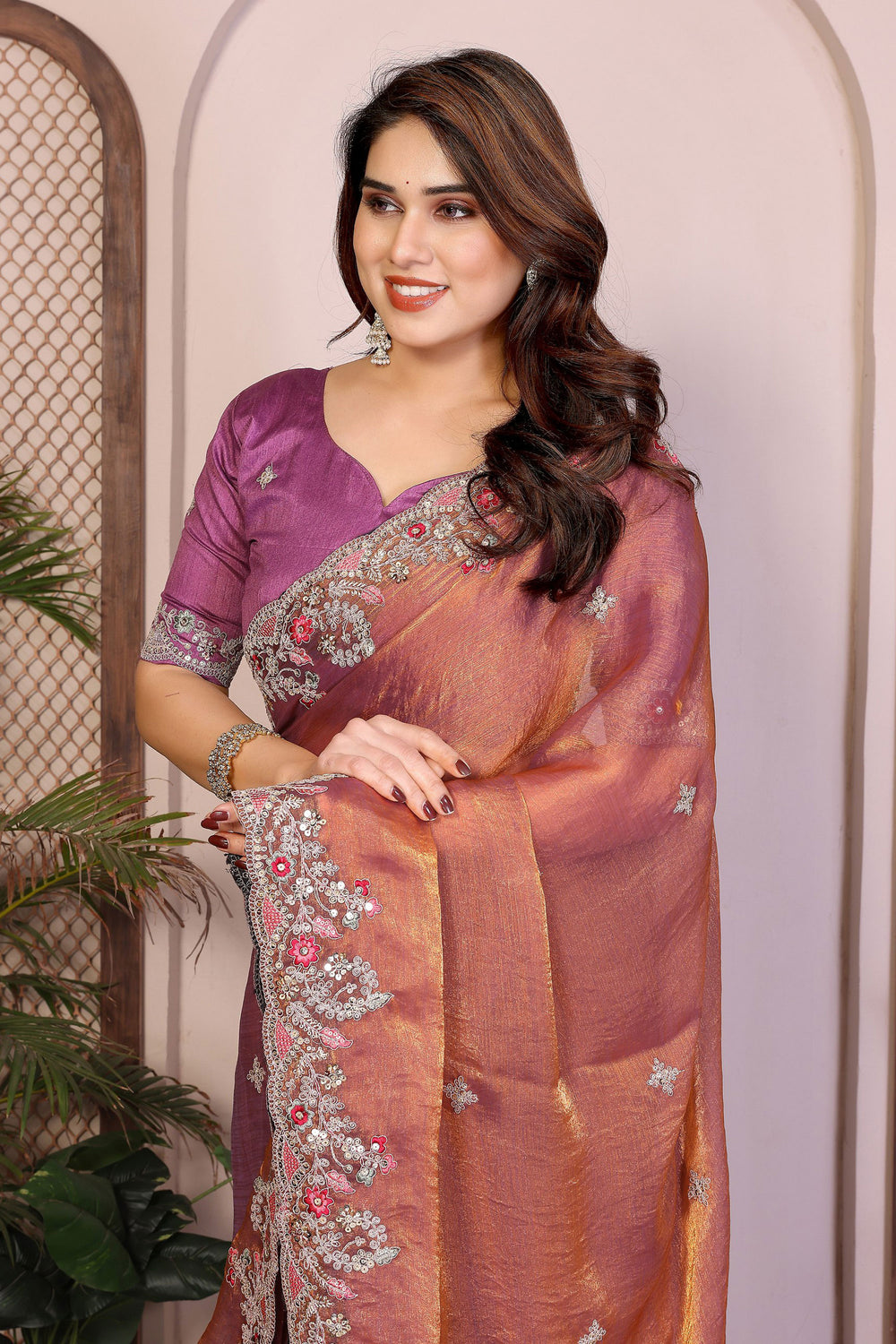 Chiffon Silk Fabric Brown Color Excellent Saree With Embroidered Work | Buy Online India