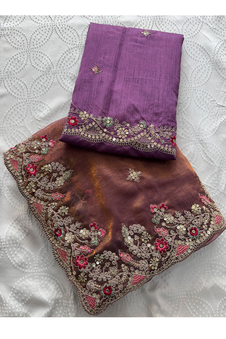 Chiffon Silk Fabric Brown Color Excellent Saree With Embroidered Work | Buy Online India