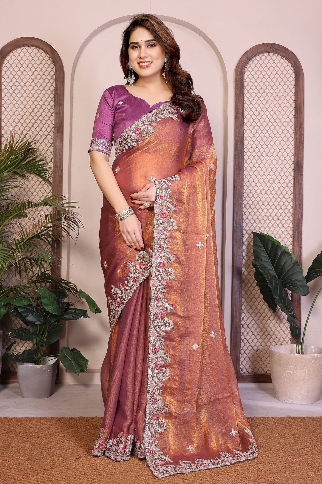 Chiffon Silk Fabric Brown Color Excellent Saree With Embroidered Work | Buy Online India