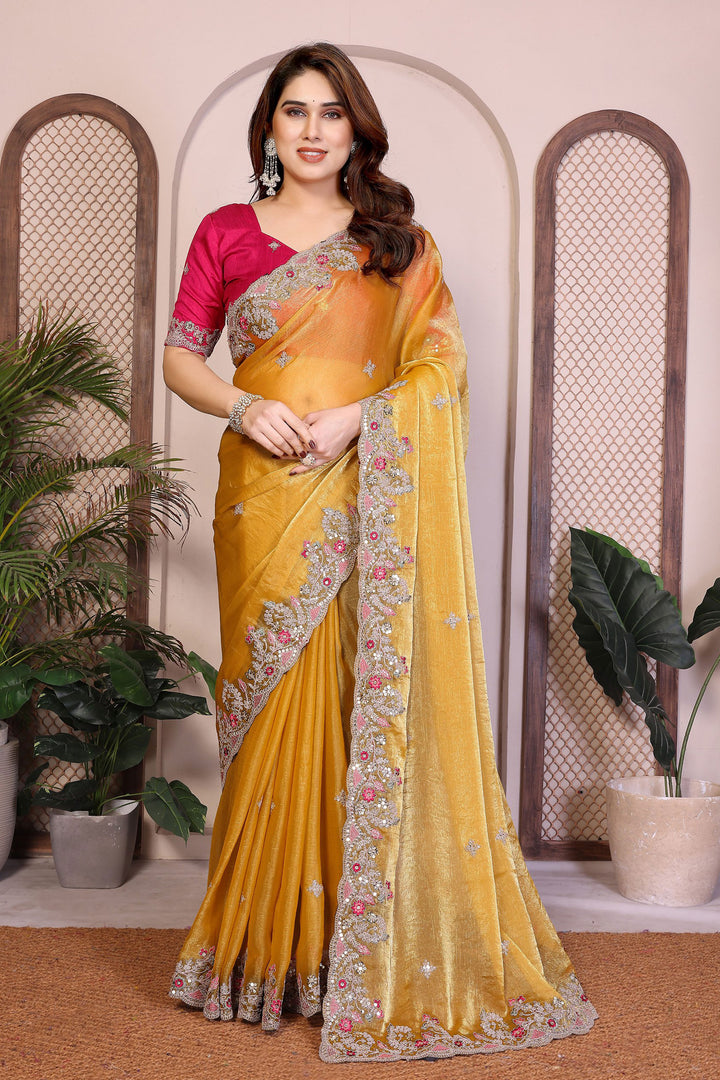 Embroidered Work On Yellow Color Chiffon Silk Fabric Princely Saree | Buy Online India