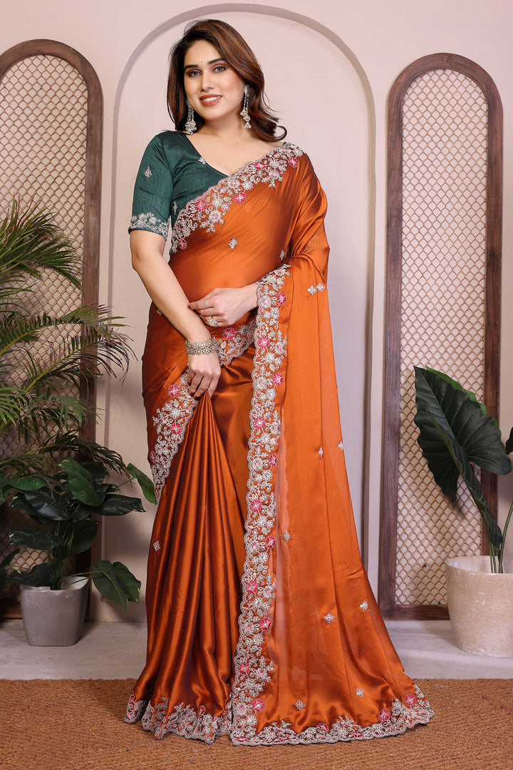 Art Silk Fabric Rust Color Patterned Saree With Embroidered Work | Buy Online India