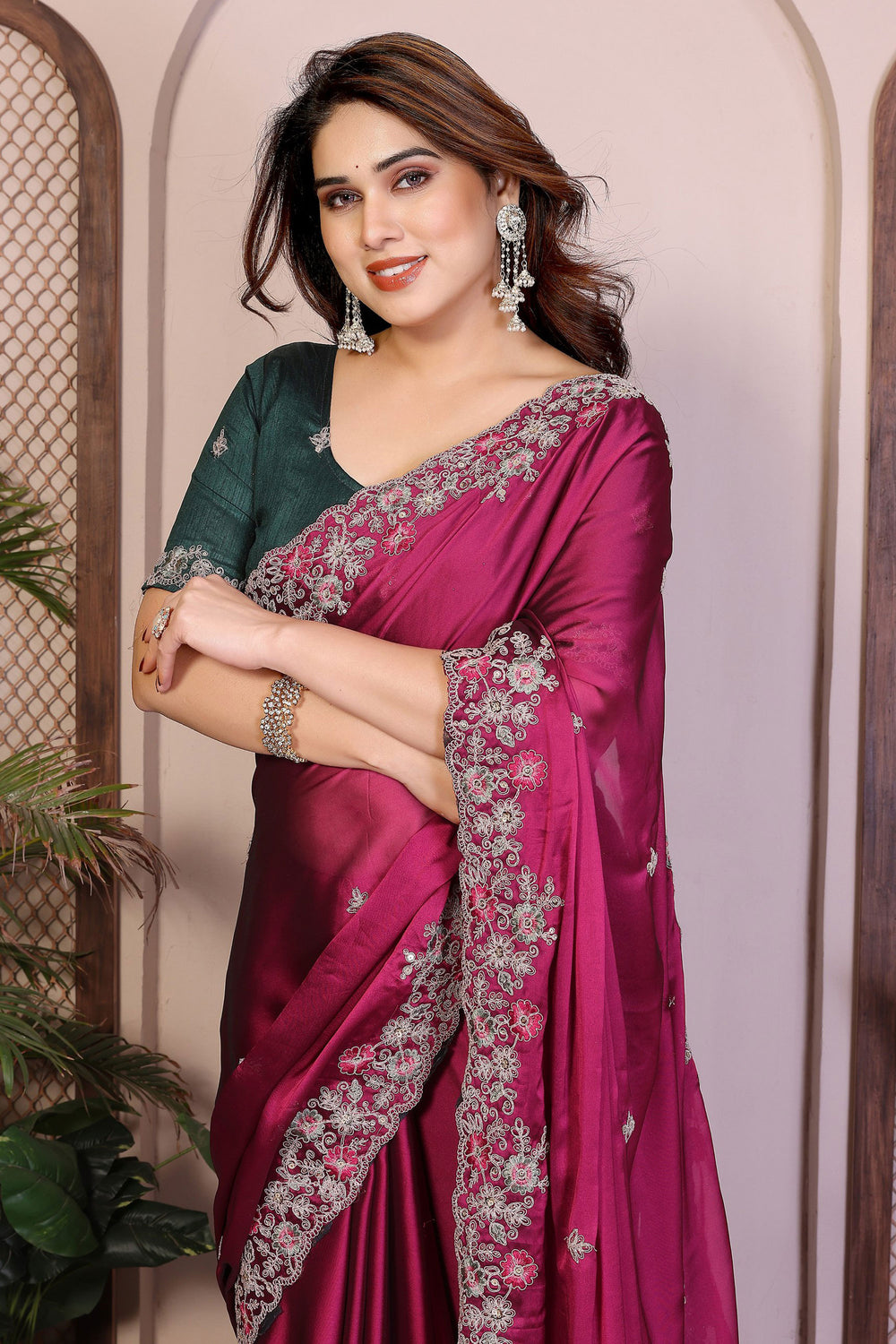 Magenta Color Art Silk Fabric Engaging Saree With Embroidered Work | Buy Online India