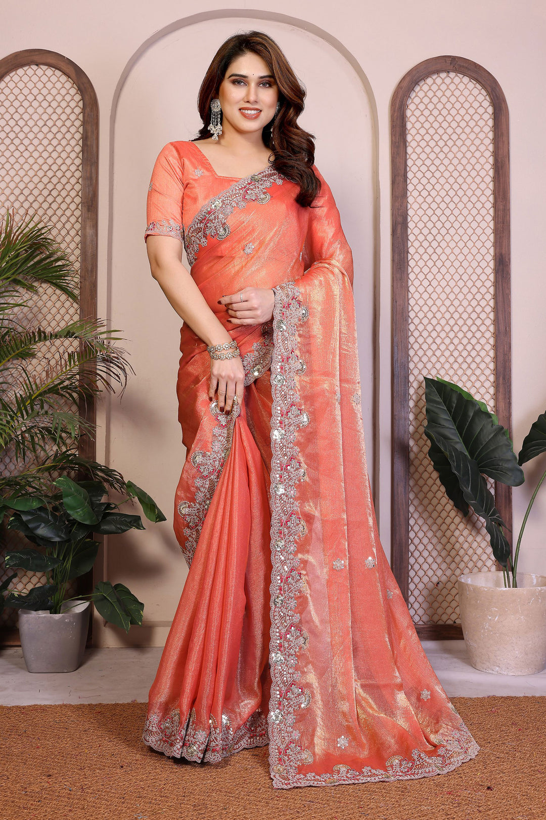 Embroidered Work On Peach Color Sober Saree In Chiffon Silk Fabric | Buy Online India