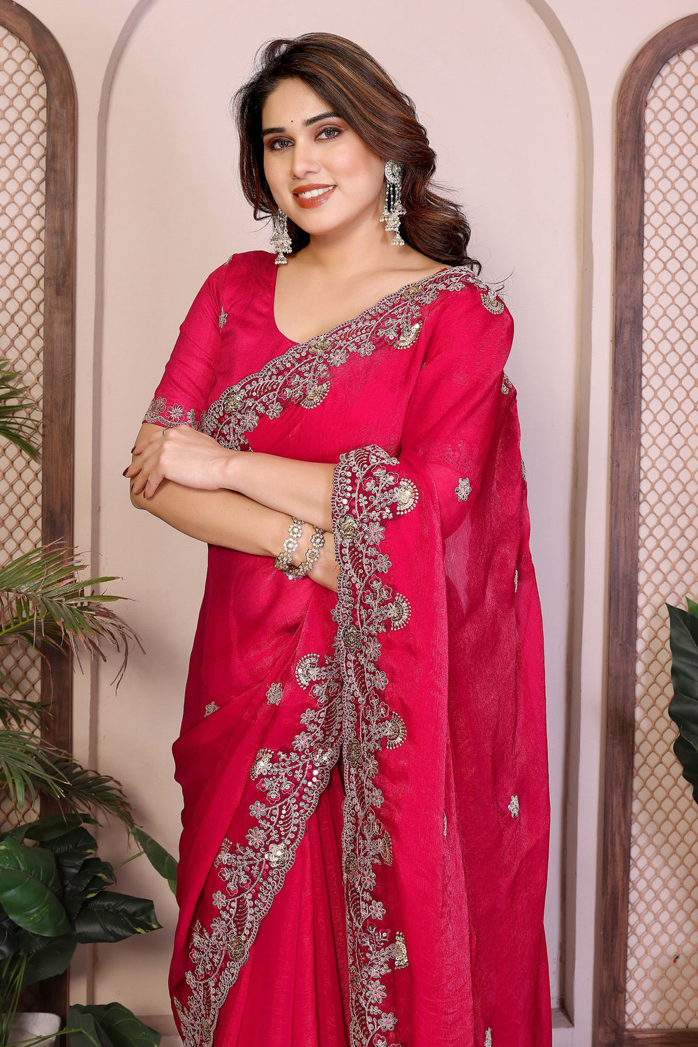 Creative Embroidered Work On Rani Pink Color Chiffon Silk Fabric Saree | Buy Online India