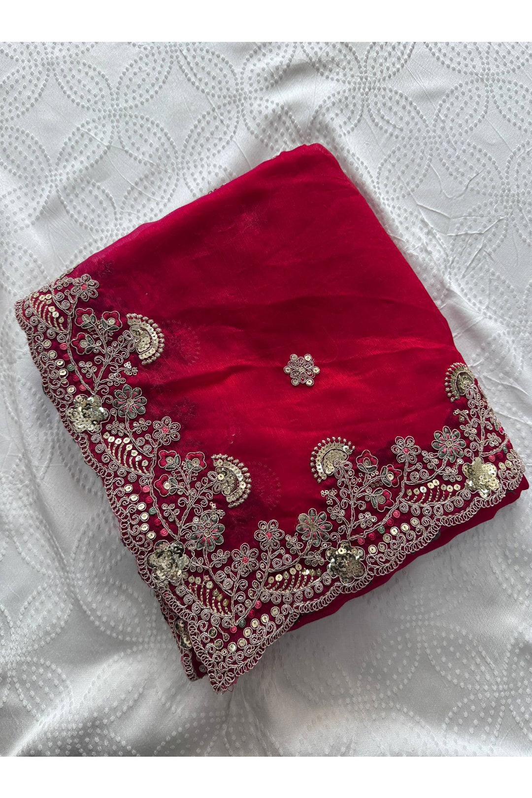 Creative Embroidered Work On Rani Pink Color Chiffon Silk Fabric Saree | Buy Online India
