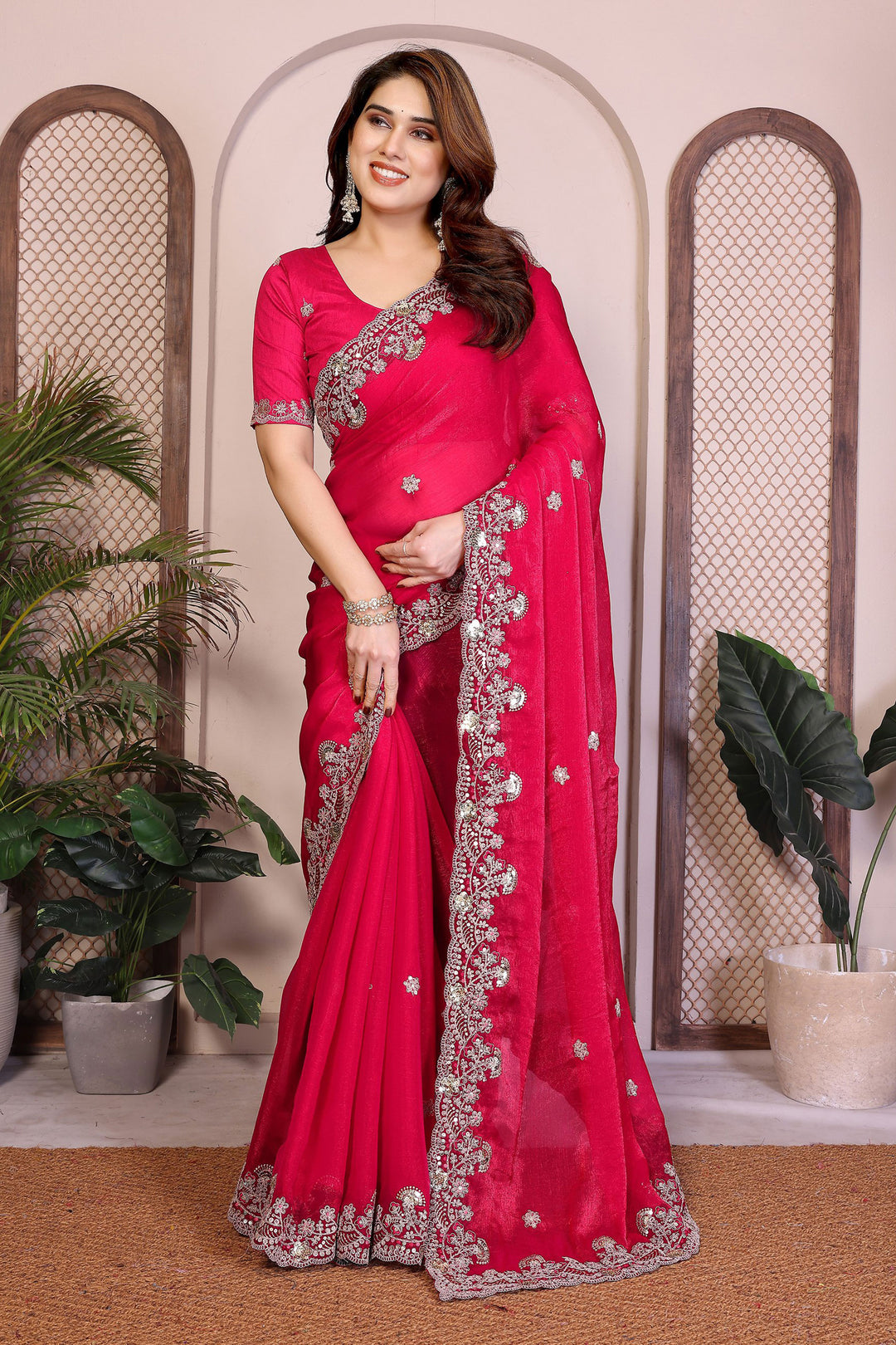Creative Embroidered Work On Rani Pink Color Chiffon Silk Fabric Saree | Buy Online India