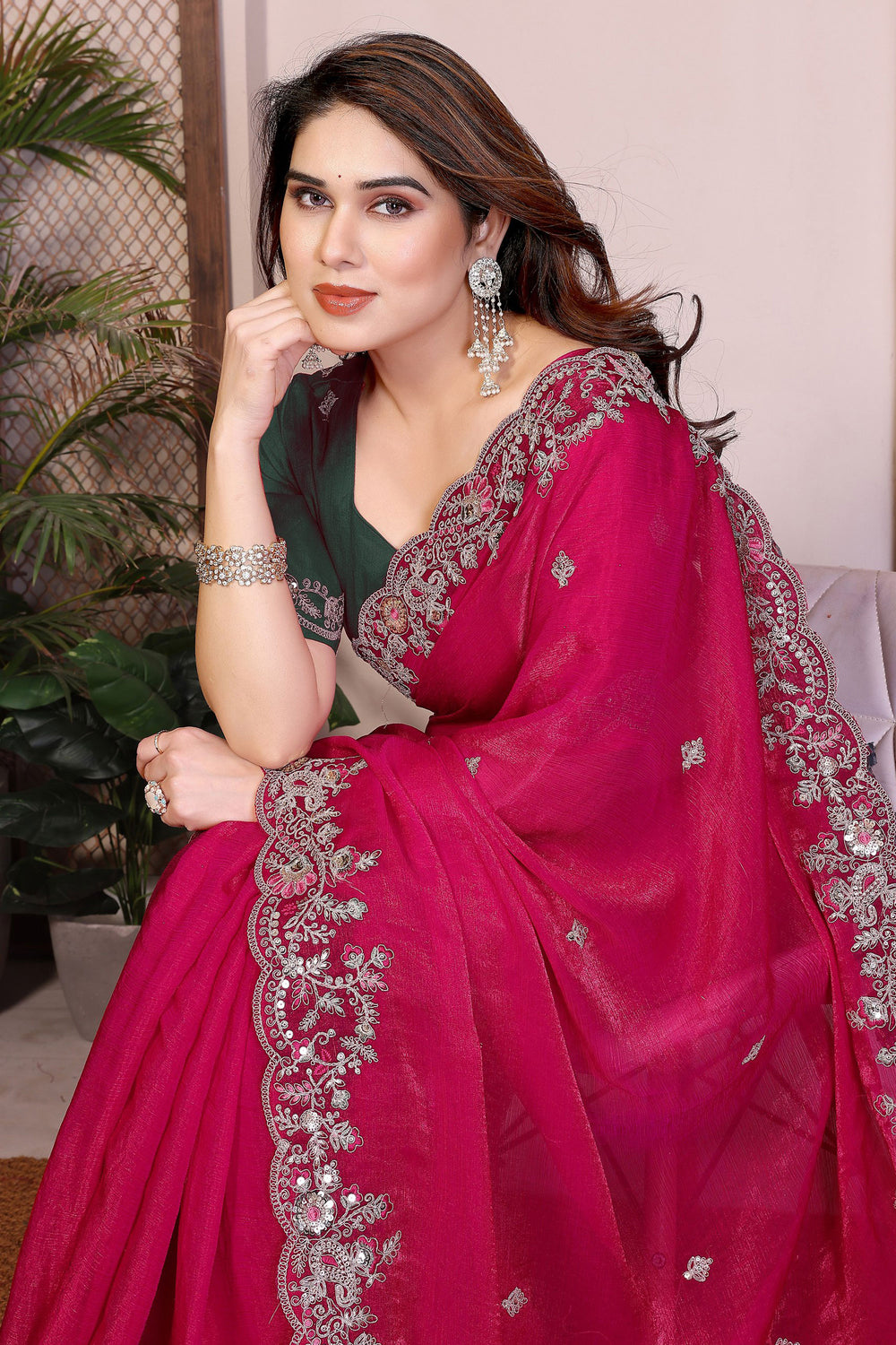 Excellent Chiffon Silk Fabric Rani Color Saree With Embroidered Work | Buy Online India