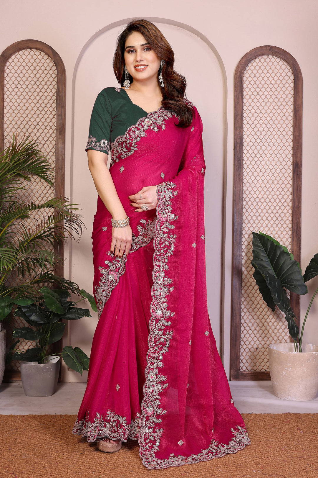 Excellent Chiffon Silk Fabric Rani Color Saree With Embroidered Work | Buy Online India