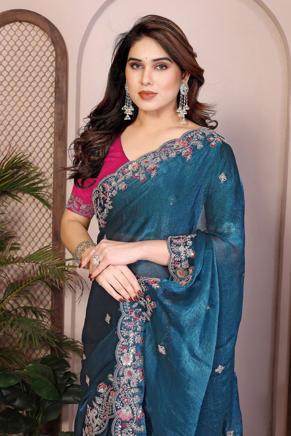 Teal Color Embroidered Work On Chiffon Silk Fabric Stunning Saree | Buy Online India