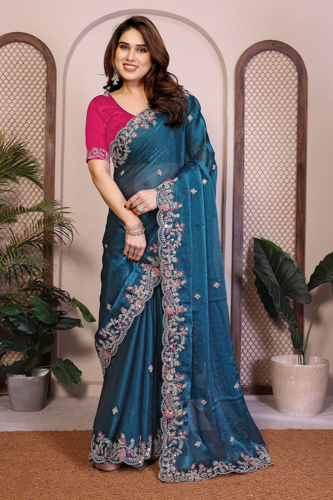 Teal Color Embroidered Work On Chiffon Silk Fabric Stunning Saree | Buy Online India