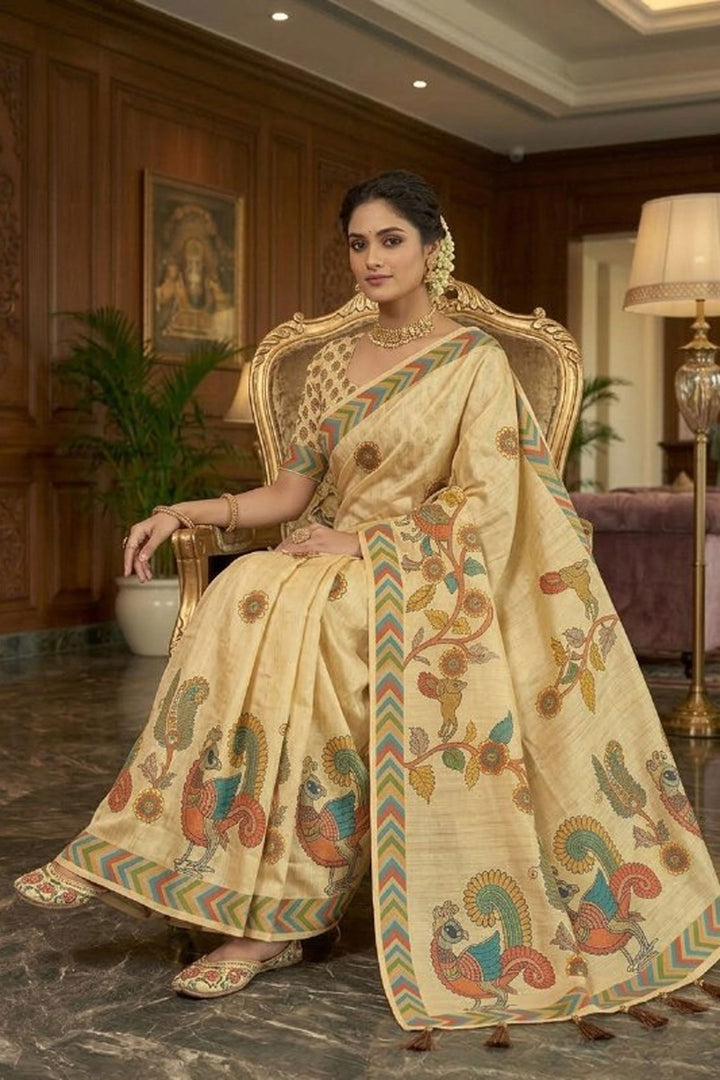 Beige Color Fantastic Art Silk Fabric Printed Saree | Buy Online India