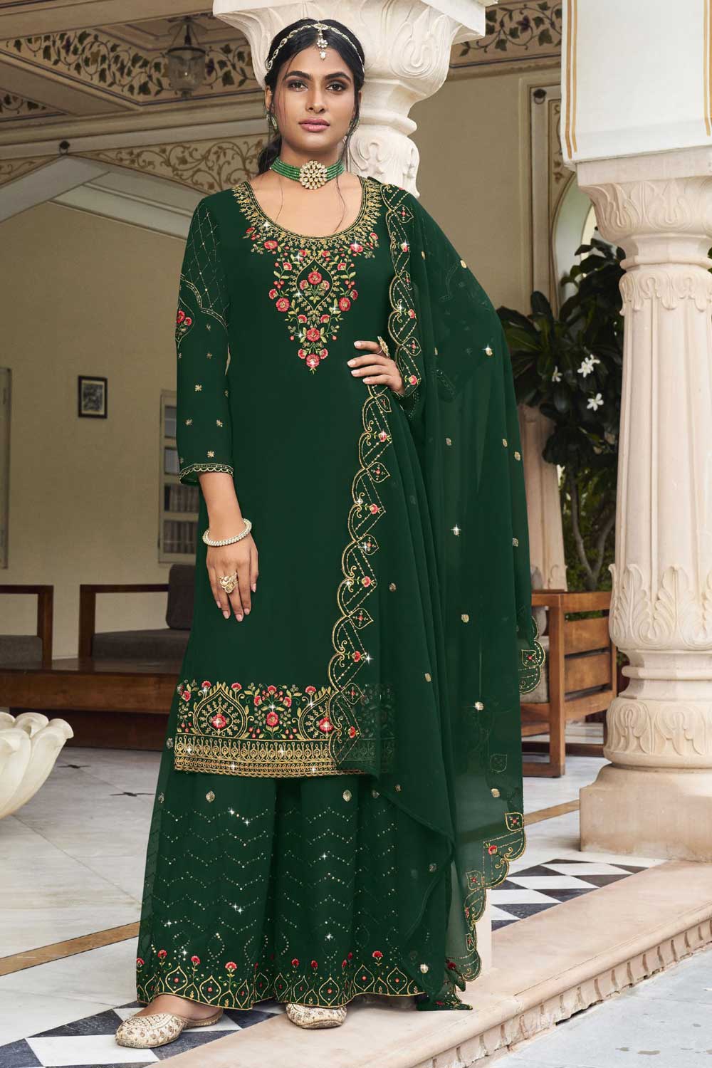 Georgette Fabric Beatific Sharara Suit In Green Color