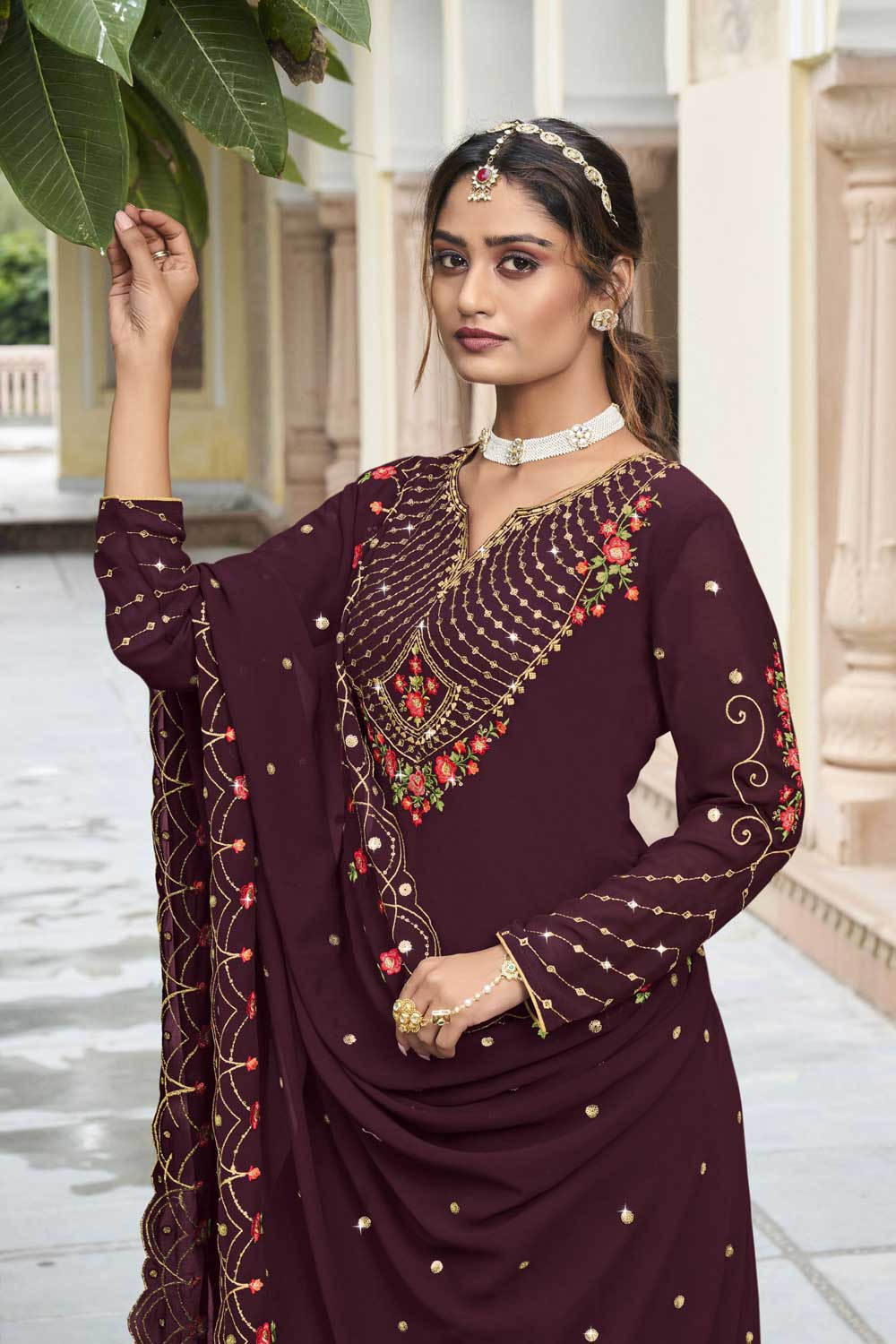 Wine Color Georgette Fabric Alluring Sharara Suit