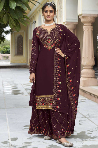 Wine Color Georgette Fabric Alluring Sharara Suit