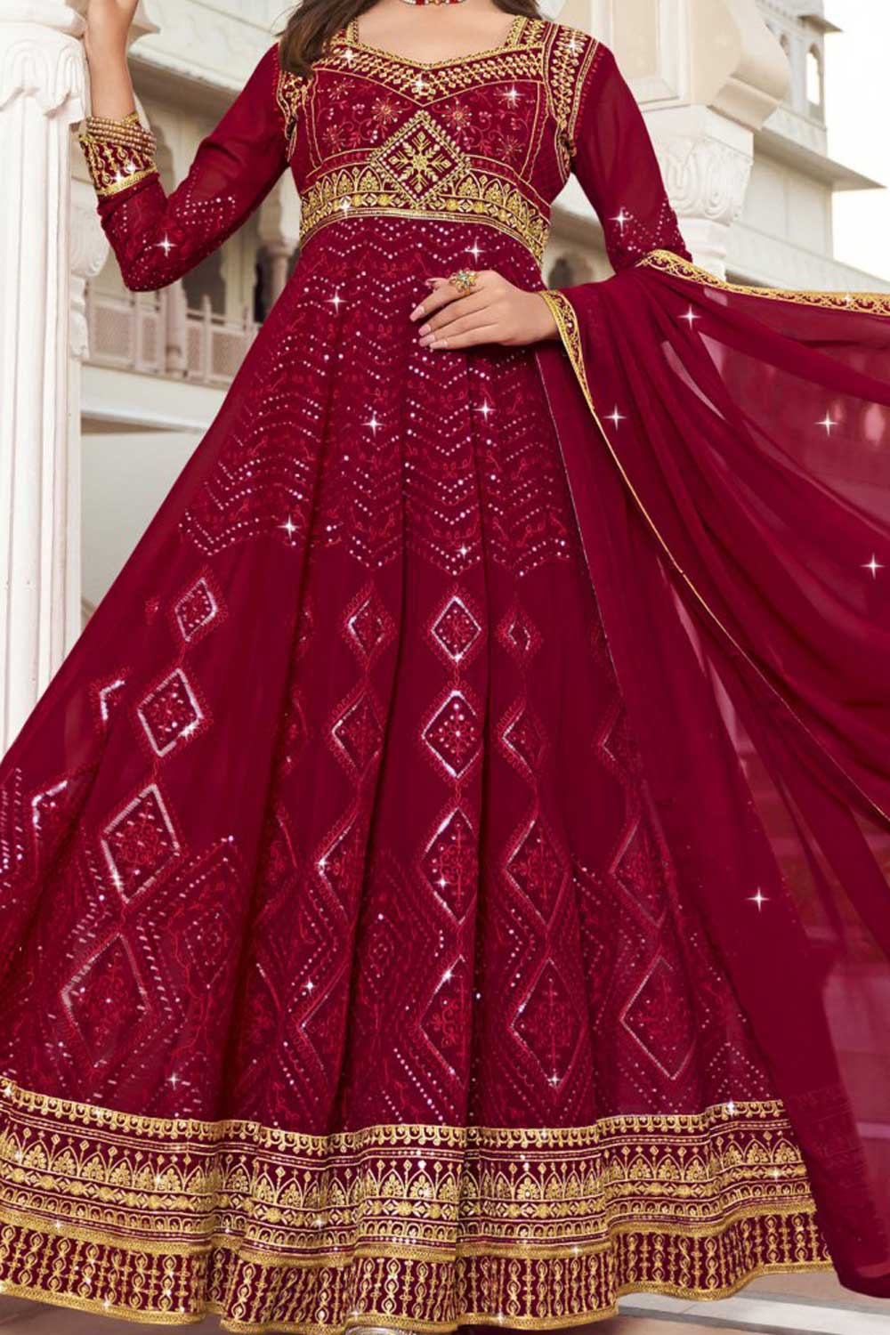 Rani Color Georgette Readymade Anarkali Suit For Sangeet