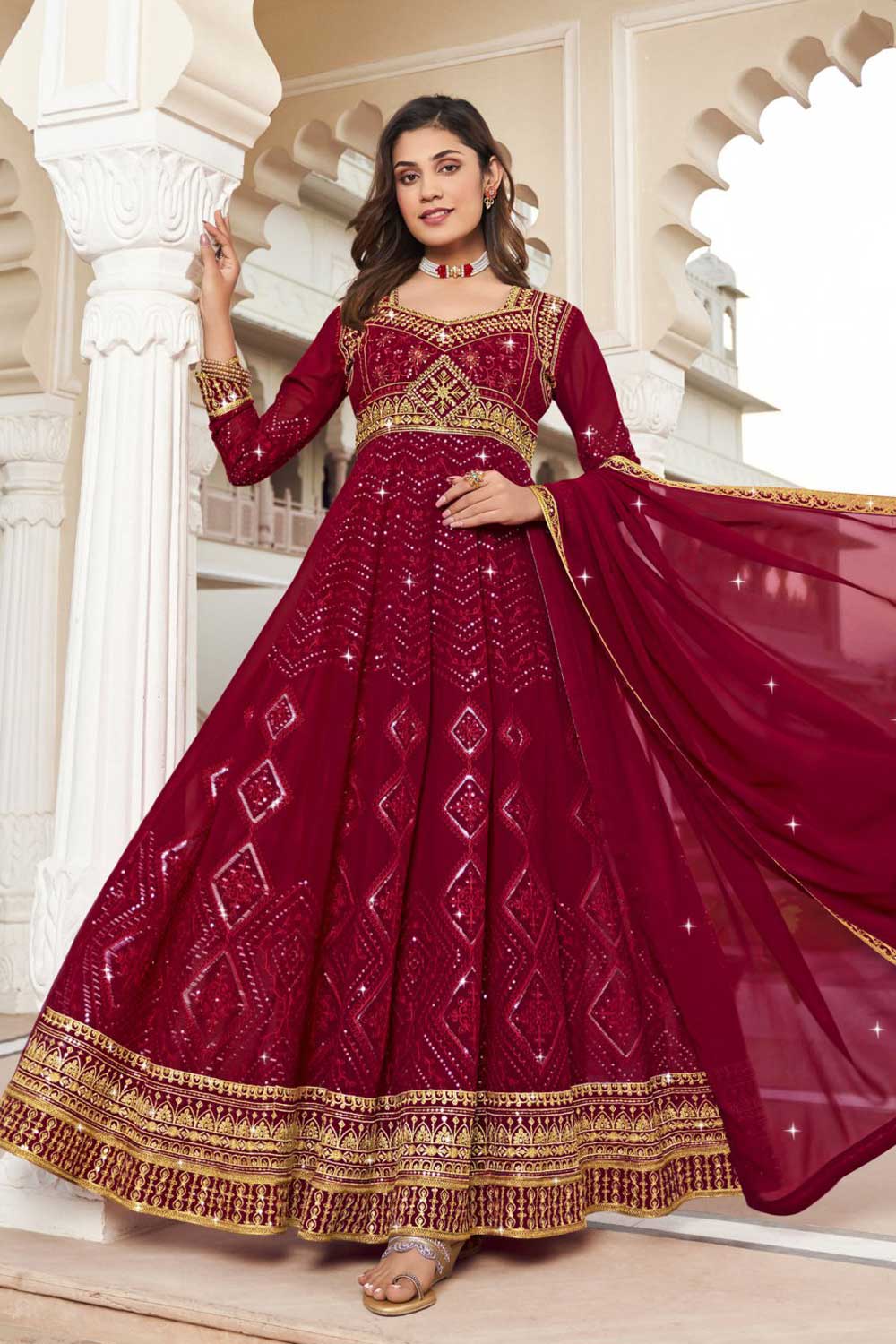 Rani Color Georgette Readymade Anarkali Suit For Sangeet