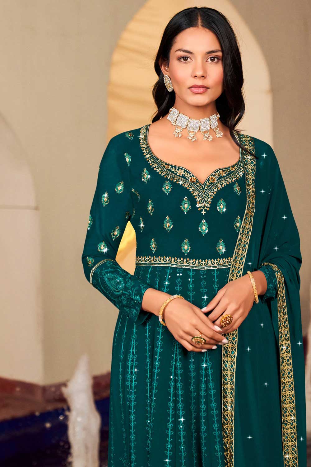 Stylish Teal Color Georgette Readymade Anarkali Suit