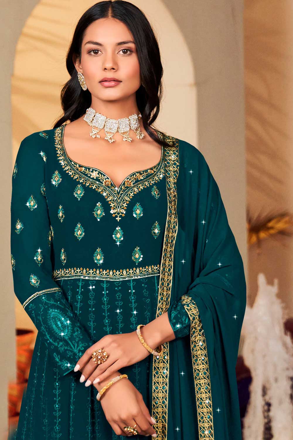 Stylish Teal Color Georgette Readymade Anarkali Suit