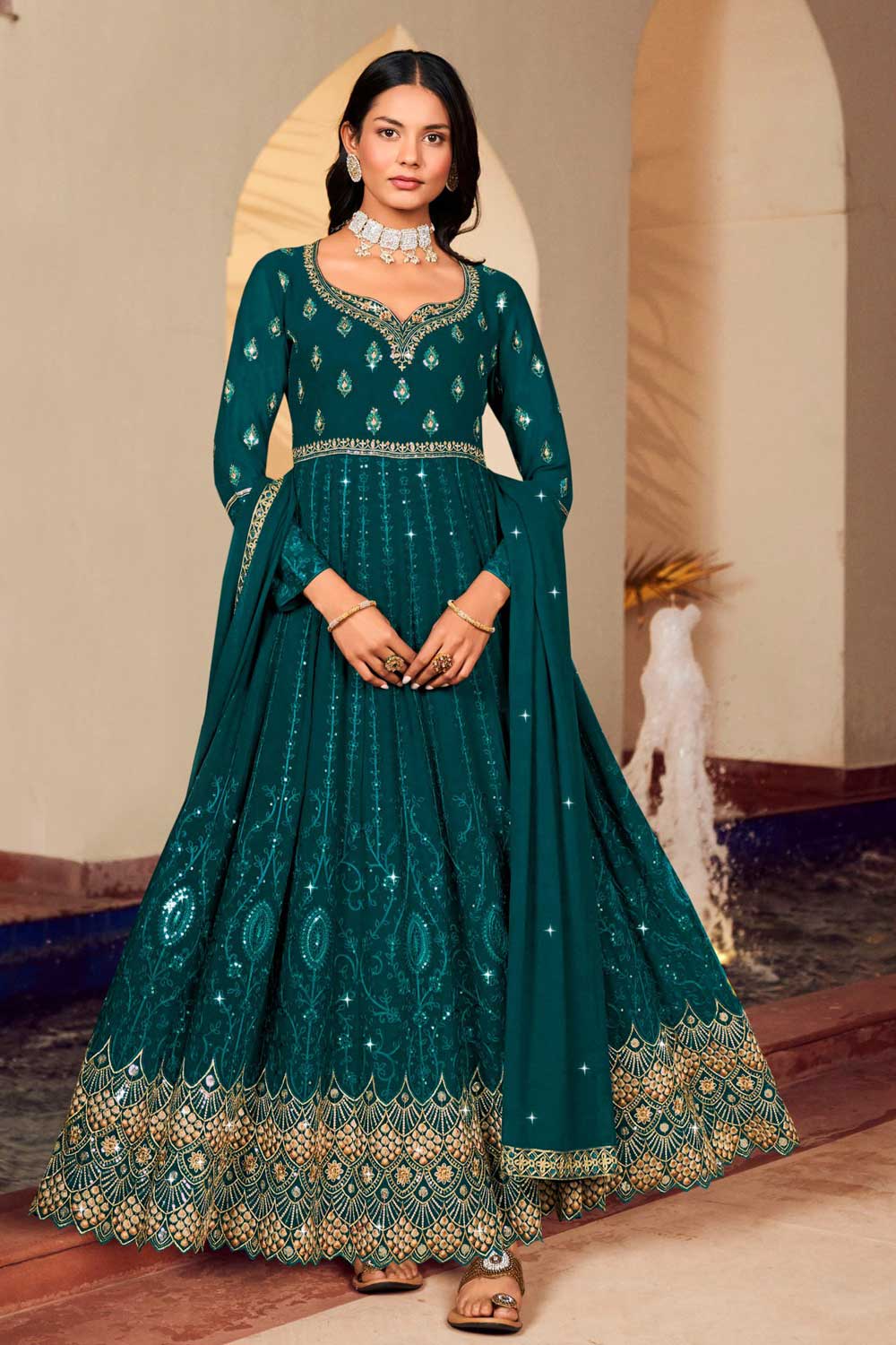 Stylish Teal Color Georgette Readymade Anarkali Suit