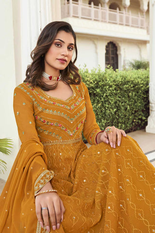 Elegant Mustard Color Georgette Sangeet Wear Readymade Anarkali Suit